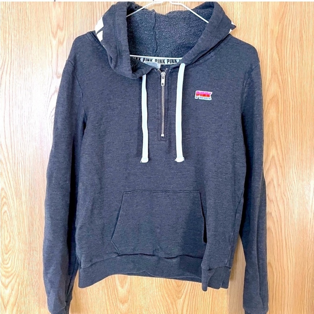 PINK Logo Pullover 1/4 Zip Dark Gray Hoodie Oversized Crop Sweatshirt